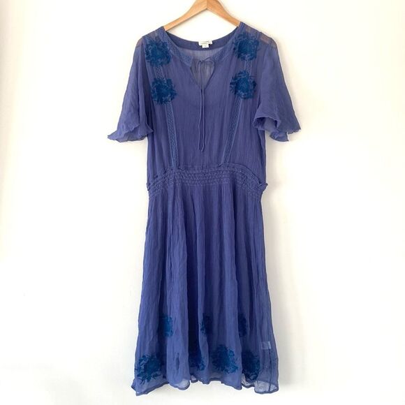 Sundance Led By Dreams Dress Blue Embroidered Floral Sheer XL Boho Old Money - Picture 2 of 12